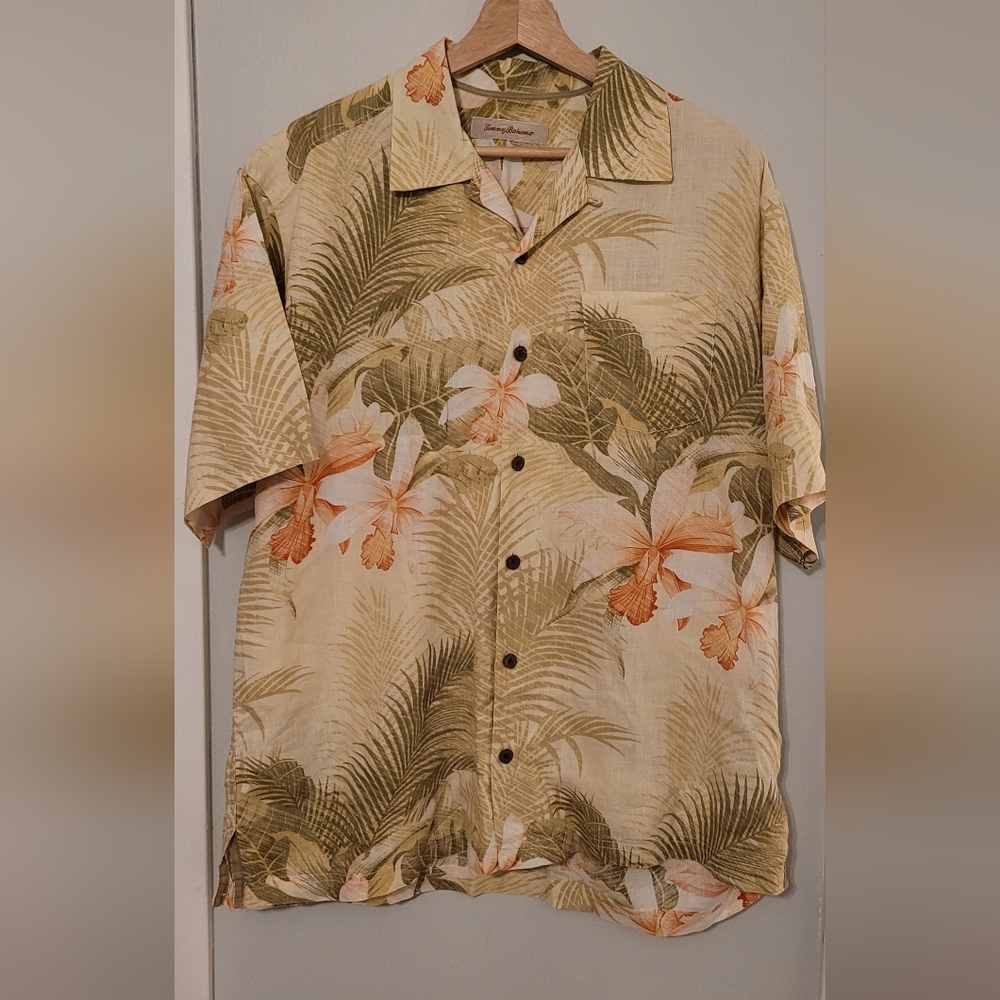 Tommy Bahama Hawaiian Camp Shirt Mens XL Tropical  Linen Blend Coconut Buttons